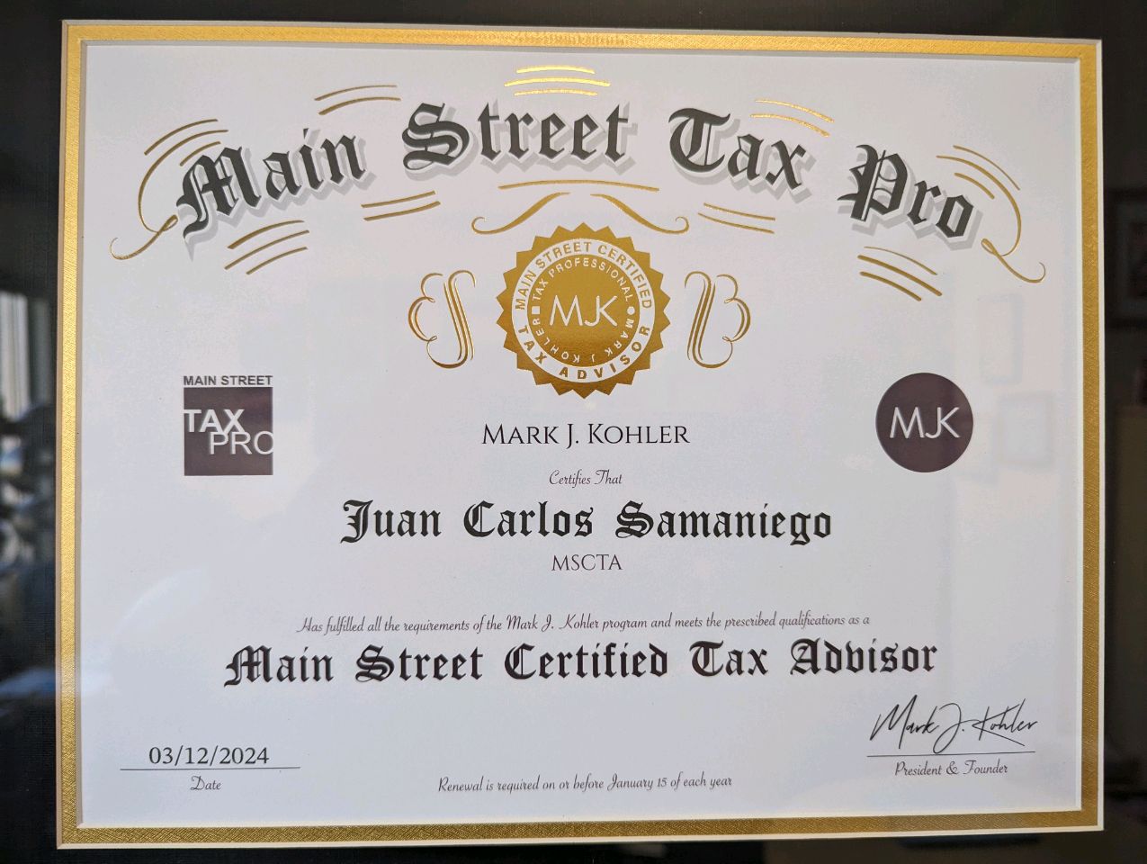 Carlos Samaniego, EA and Renowned NATP Fellow, Achieves Prestigious MSCTA Certification, Elevating Tax Advisory to New Heights